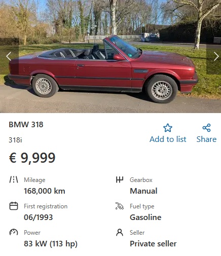 BMW 318i E30 Cabriolet 113 HP 1993 9999 EUR