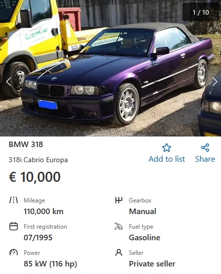 BMW 318i E36 Cabriolet 1995 10000 EUR 116 HP