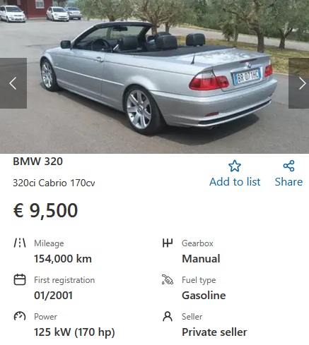 BMW 320Ci 2001 170 hp Cabrio 9500 EUR