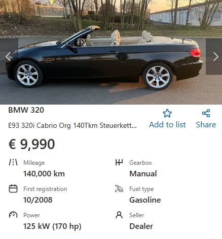 BMW 320i 170 HP Cabriolet E93 9990 EUR