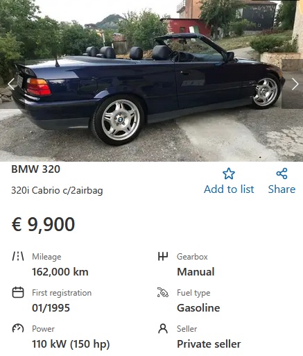 BMW 320i E36 Cabriolet 1995 9900 EUR 150HP R6