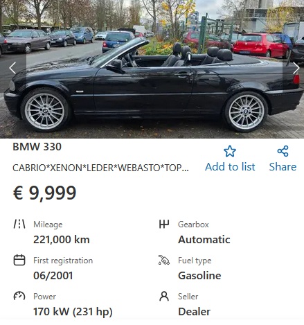 BMW 330Ci 2001 231 hp Cabrio 9999 EUR