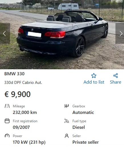 BMW 330d cabriolet 2007 9900 EUR 231 HP diesel automatic